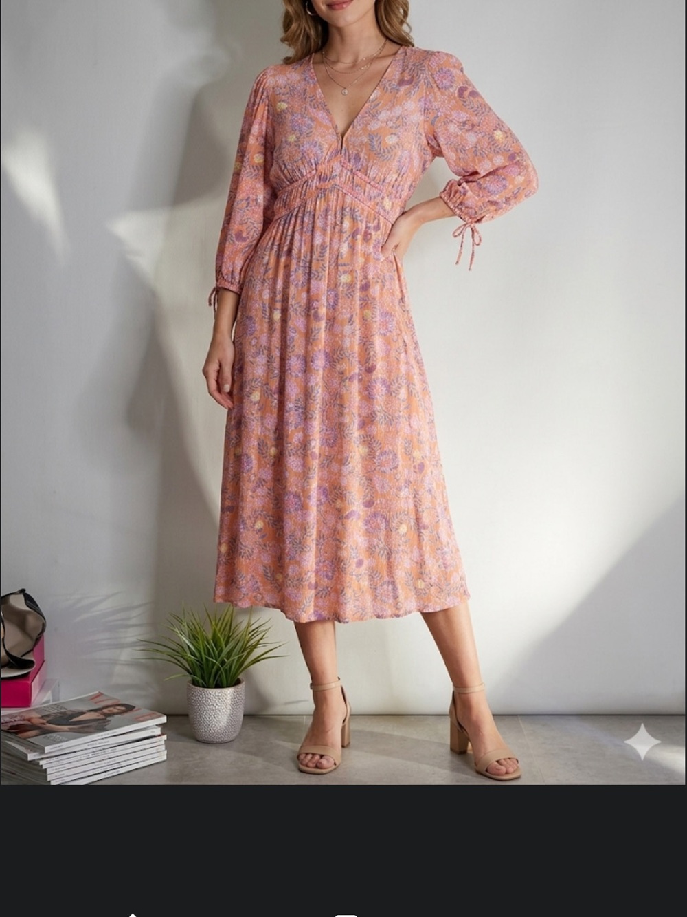 Billabong Peach Floral Midi Dress with V-Neck perfect for a size M